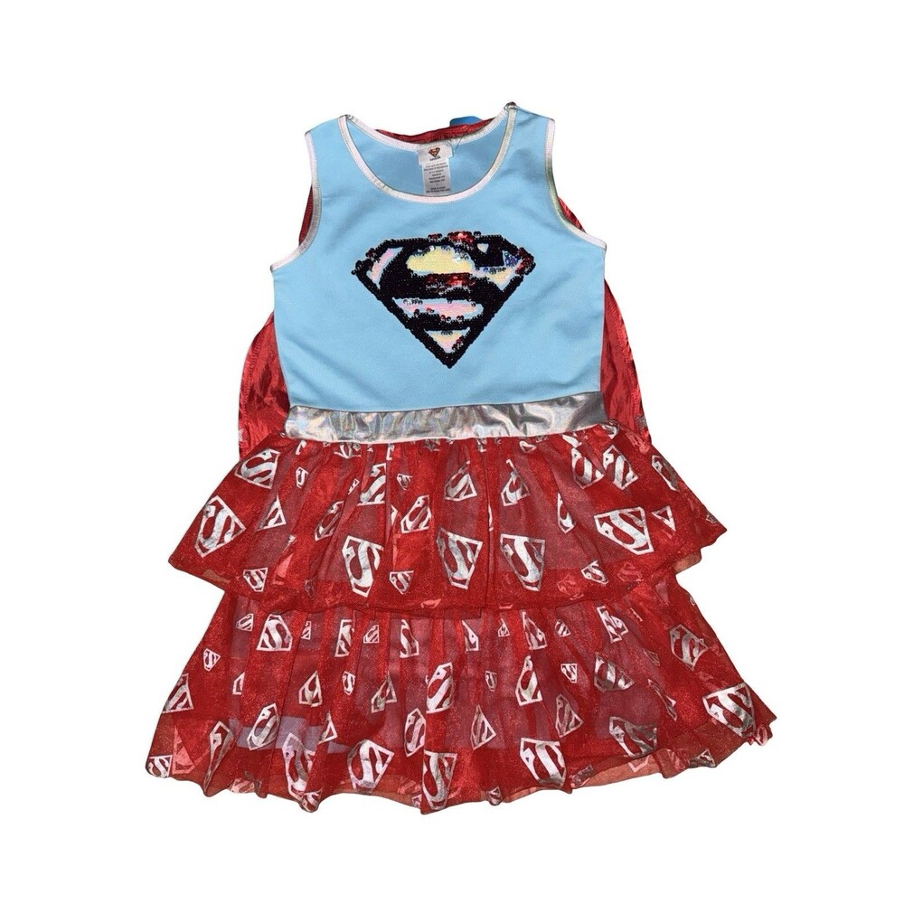 DC Supergirl Costume Dress Girls Sequin Logo Cape Red Blue Size XS New